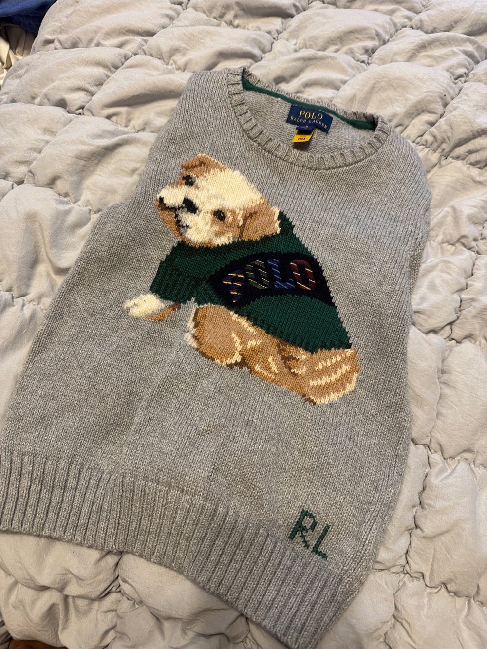 Polo by Ralph Lauren Gray Crewneck Sweater with Dog Intarsia